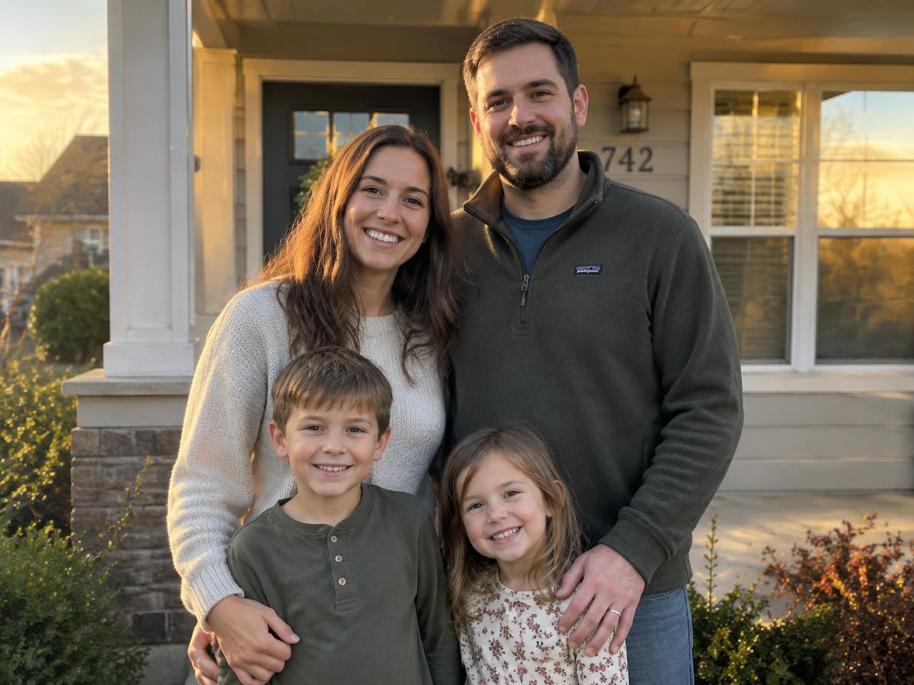 A smiling family standing in front of their home